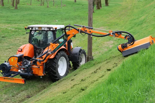 Brush cutter arm with a dual-jointed, constrained geometry and a Trusty Flexor Hymach Evidenza telescopic tip