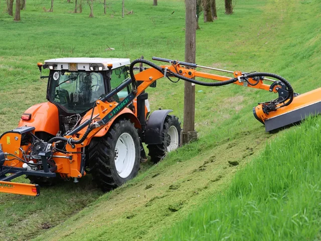 Brush cutter arm with a dual-jointed, constrained geometry and a Trusty Flexor Hymach Evidenza telescopic tip