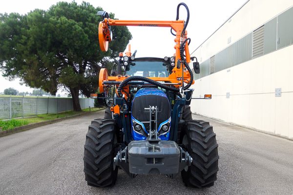 Tractor-mounted straddle brush cutter for mowing around central obstacles